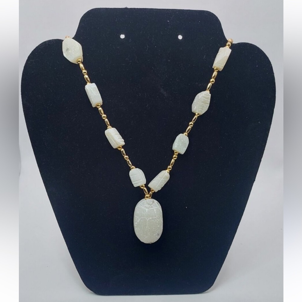 Egyptian Revival Scarab Necklace Hand Carved Stone